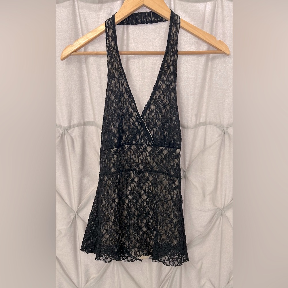 Black lace backless halter top